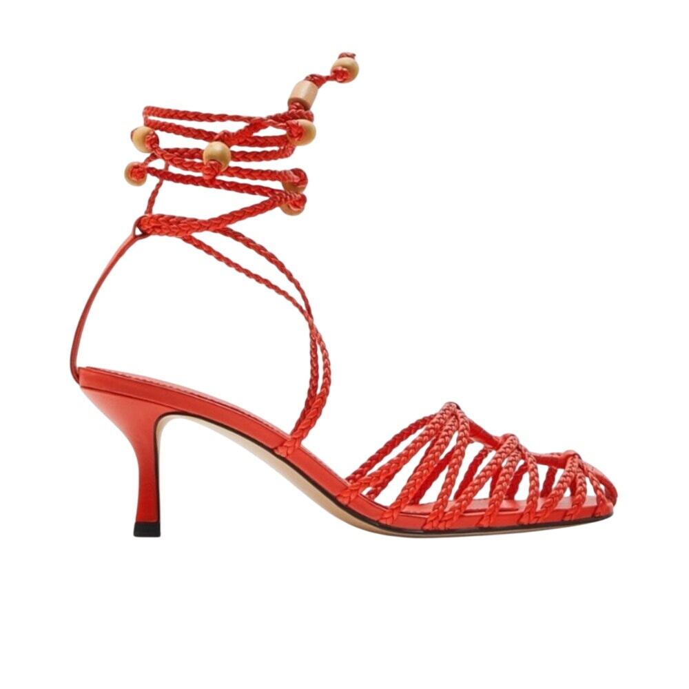 Zara Coral Red Braided Cage Sandals US 10 EU 41 Wooden Bead Ankle Wrap Heel
